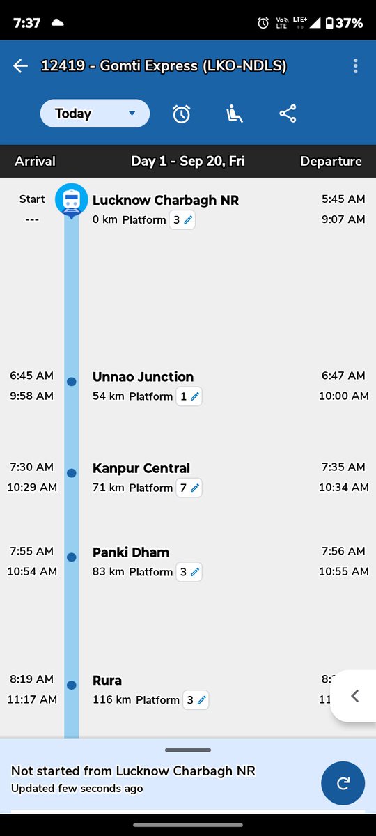 महोदय ट्रेन नंबर 12419 गोमती एक्सप्रेस 1.5 घंटे रिसेड्यूल की गई थी पर अभी तक लखनऊ चारबाग से नही निकली गई है 7:15 डिपार्चरिंग टाइम था पर अभी 9 बजकर 7 मिनट दिखा रहा है|
<a href="/RailMinIndia/">Ministry of Railways</a> <a href="/IRCTCofficial/">IRCTC</a>