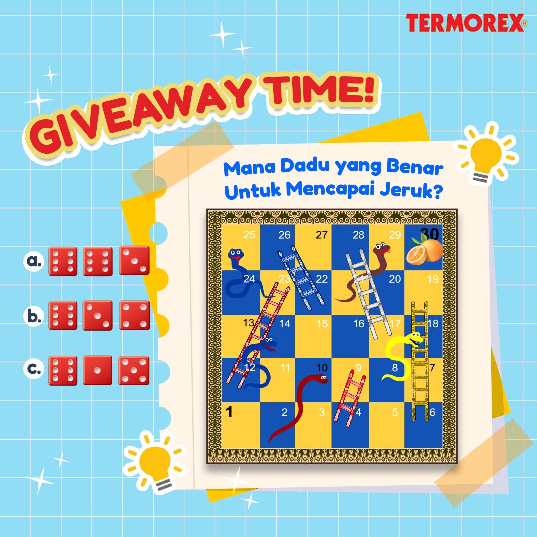 Hi, Bunda!
Pastinya Si Kecil nggak asing dong dengan permain ular tangga ini?

Kali ini ajak ia mencari dadu yang tepat yuk untuk menghampiri jeruk di garis akhir. Karena akan ada saldo e-wallet untuk 5 orang beruntung dengan jawaban paling tepat!