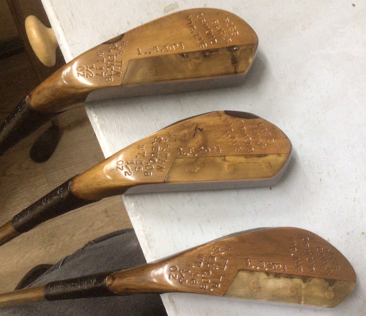 Pics of the Long Nose Putters I’ve just completed.They each get 20 coats of Shellac,rubbing down between coats with fine steel wool. To finish them, I rub down with steel wool, and polish with bees wax. Each putter is stamped with the type of timber used, date made and weight!