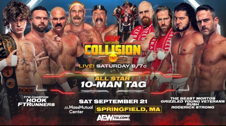 FTW Champion HOOK will be in this All Star 10-Man Tag Team Match on Saturday night's episode of #AEWCollision on TNT. HOOK and FTR and The Outrunners will face The Beast Mortos, Roderick Strong, Rush and Grizzled Young Veterans! <a href="/AEW/">All Elite Wrestling</a> #AEW #ECW