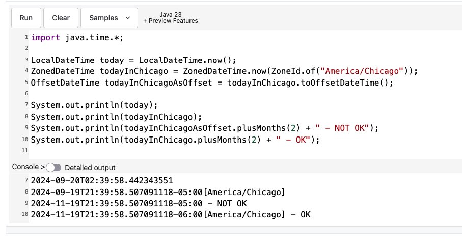 abaddon_gtz's tweet image. #JavaTip #DateTime

Que es lo que notan de este output?

Si, cuando se hagan operaciones con fechas y Time zones hay que cuidar usar siempre ZonedDateTime porque este si mantiene el conocimiento de los Daylight Saving Time (DST) y OffsetDateTime no