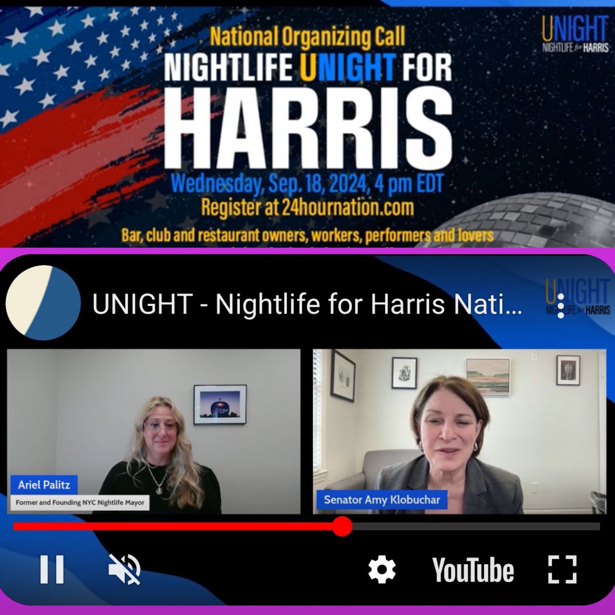 Last night I was proud to host the <a href="/24hournation/">24HourNation</a> ‘UNIGHT: Nightlife for Harris National Call’ featuring extraordinary independent venue champion Senator <a href="/amyklobuchar/">Amy Klobuchar</a>!

IKYMI: youtu.be/mbD-_D2q-EM