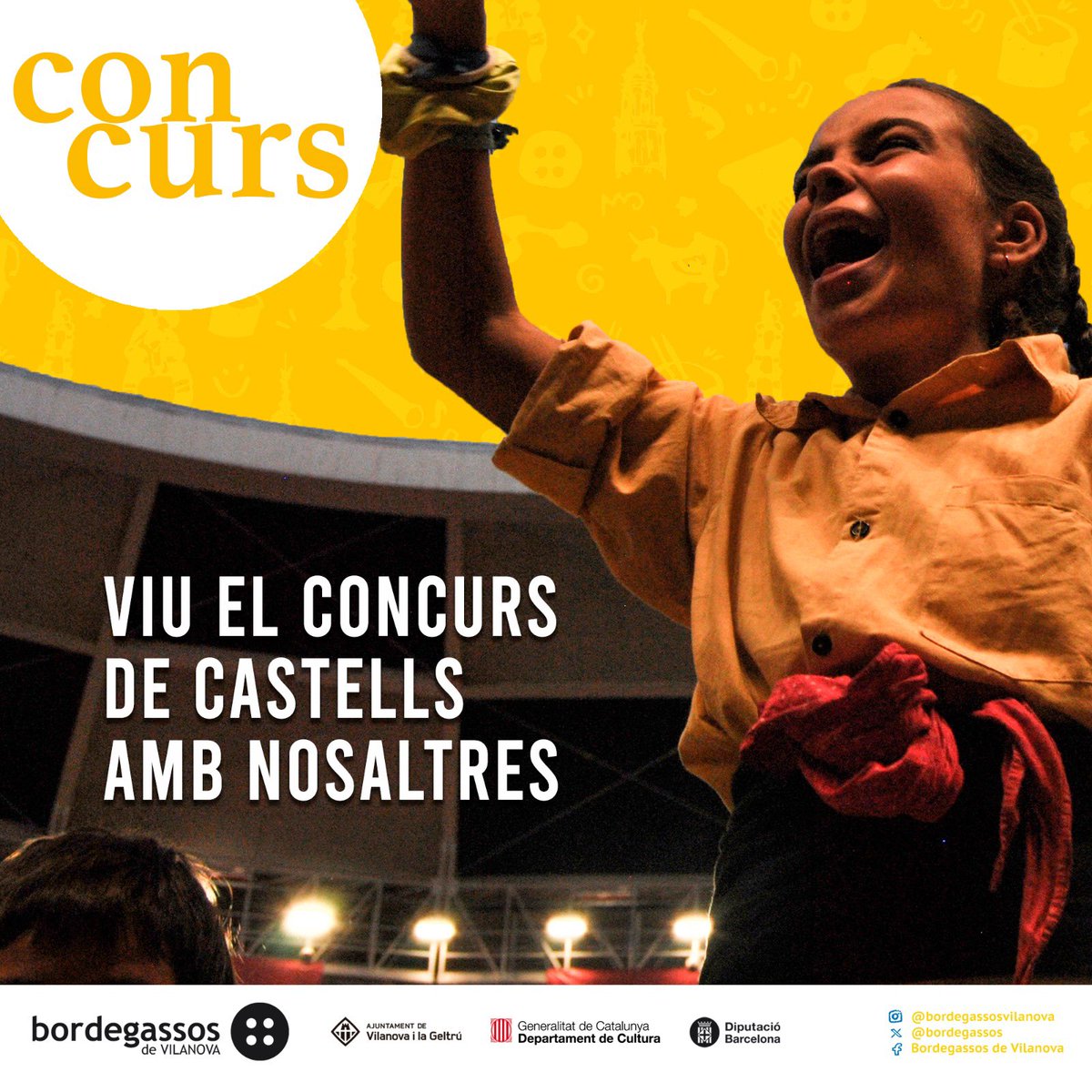 🟡 Viu el <a href="/concurscastells/">Concurs de Castells</a> fent pinya amb nosaltres! 

Les inscripcions al local seran:
- Cada dilluns de 20 a 21h 
- ⁠Cada dimecres de 20 a 21h
- ⁠Cada divendres de 21 a 22h

També podeu fer la inscripció mitjançant aquest formulari: forms.gle/CBa6SMDe88F1Ci…