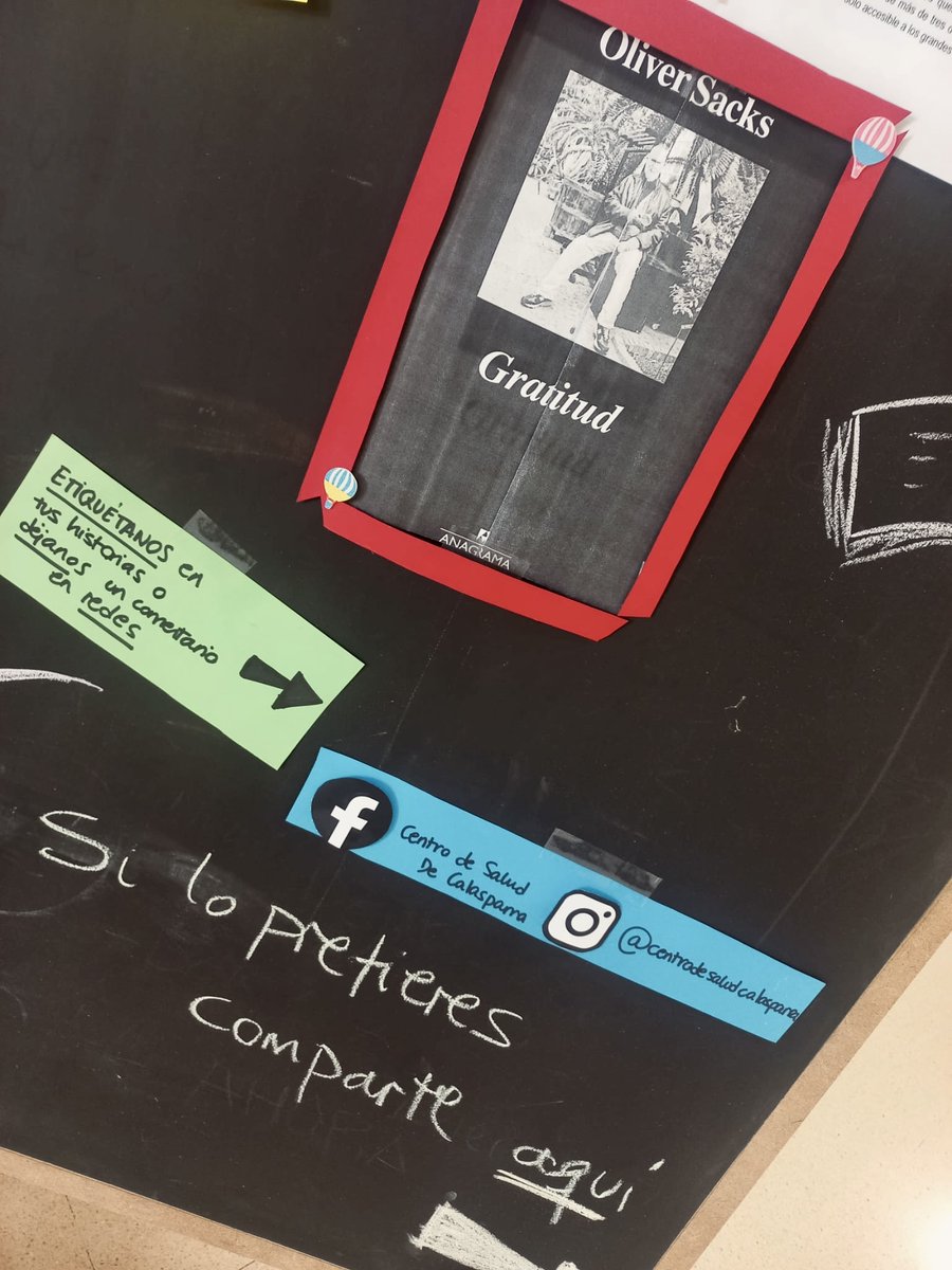 ESTE MES LEEMOS… Gratitud, de Oliver Sacks. Animamos a usuarios del centro de salud y seguidores que nos acompañen en esta bonita y esperanzadora lectura. Y por supuesto a que compartan sus lecturas en redes etiquetando al centro. La lectura también es Salud 💪🏼📚