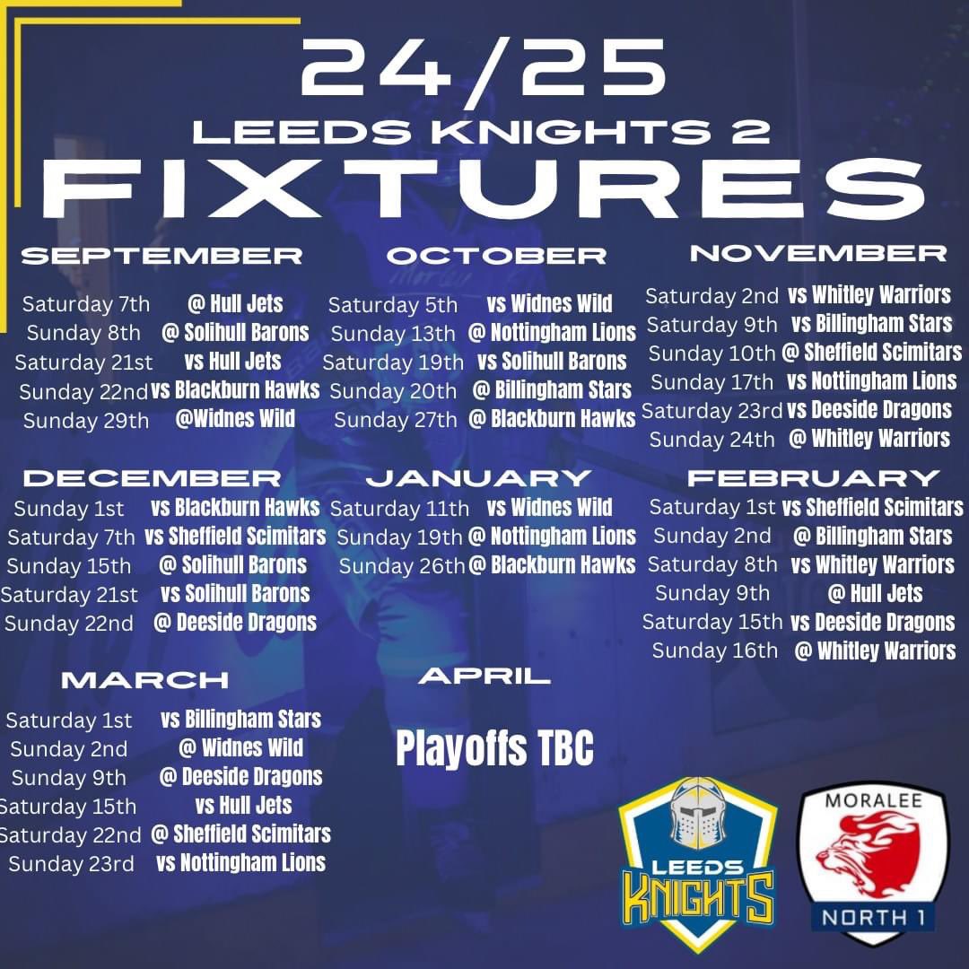 An historic first weekend of NIHL 1 action at the 🏰 this weekend.   Leeds Knights 2 features a number of LJK players and this weekend they are on home ice for the first  

Come and support hockey development in Leeds - tickets are £12 for adults.  

⚪️🟡🔵⚔️🏒🥅
#weareleeds