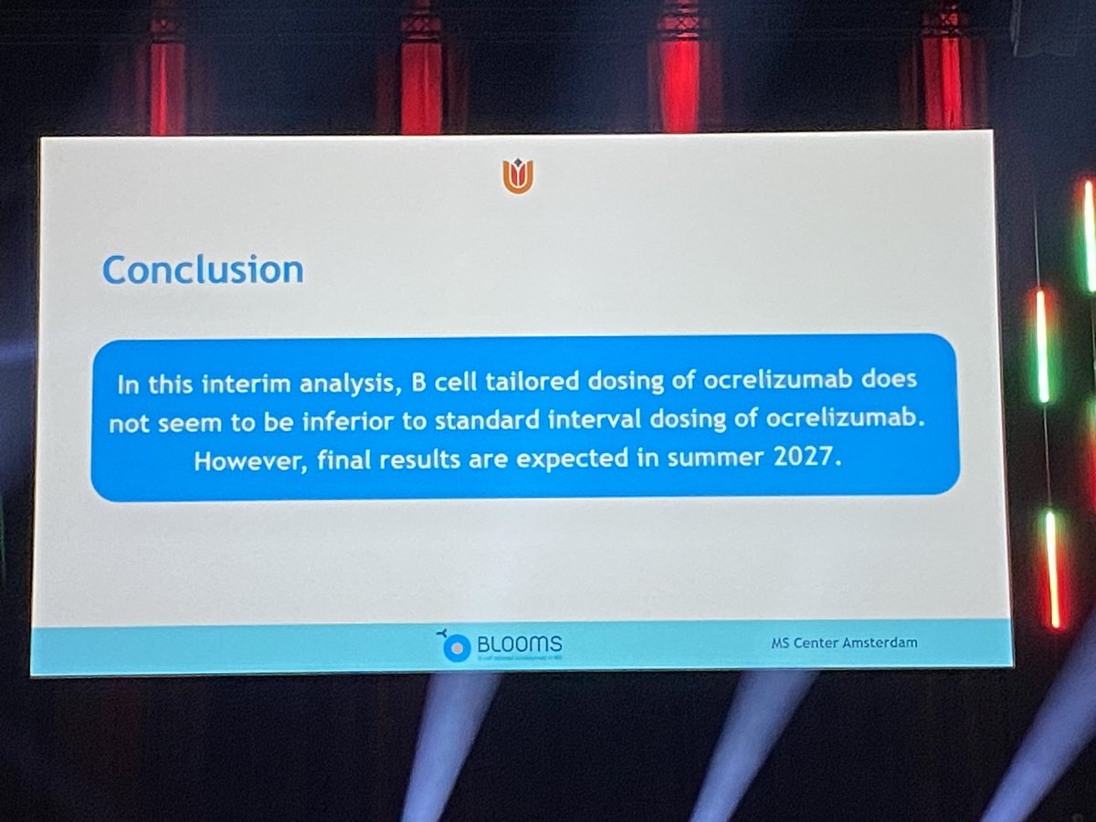 Hogenboom (NL): first results of BLOOMS trial: standard vs extended interval dosing of ocrelizumab based on B-cell counts. No difference in efficacy (Relapses and MRI lesions)! 
(Long term results to follow)
Big difference in intervals are seen (see slide)
#ECTRIMS2024