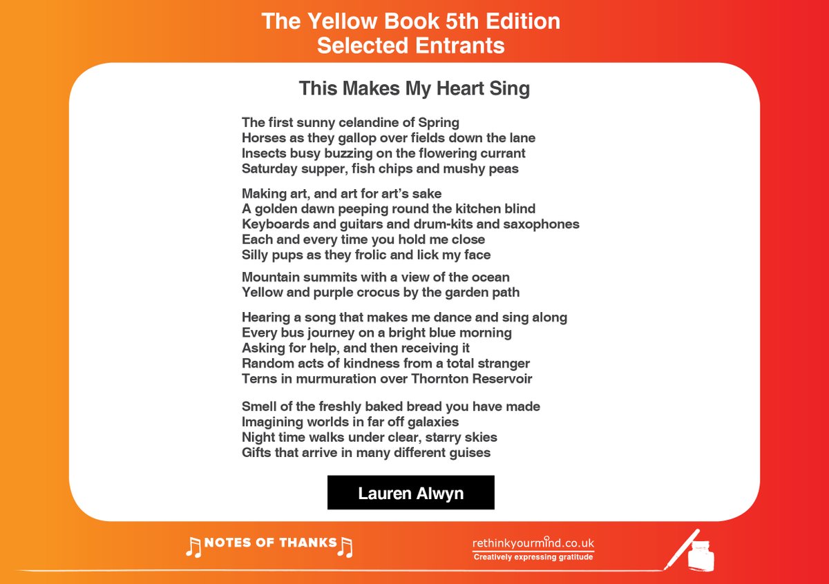 Congratulations Lauren Alwyn!
Selected by the assessors to be published in the 5th edition of the creative wellbeing resource #TheYellowBook!

Enjoy them all👉 rethinkyourmind.co.uk/the-yellow-boo…

#NotesOfThanks to everyone for Creatively Expressing Gratitude to uplift &amp; inspire! #Poetry