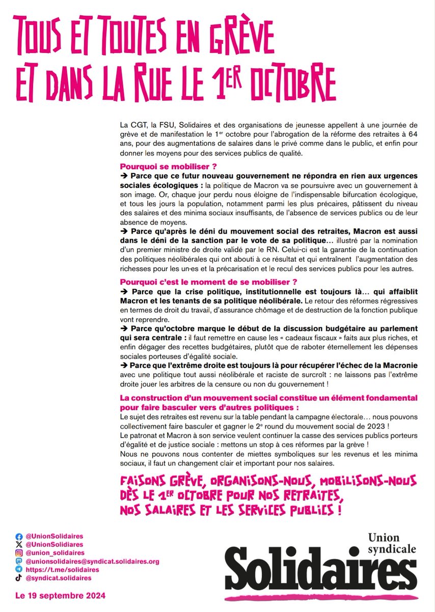 UnionSolidaires's tweet photo. Le 1er octobre toutes et tous en grève et dans la rue !
 https://t.co/oEl8PSqEvh

#1erOctobre #greve https://t.co/5fH4R3jTXz