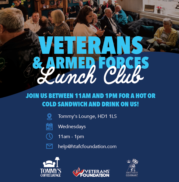 Huddersfield Town Foundation (@htafcfoundation) on Twitter photo 🔵⚪ On Wednesday 25th September, working with @Tommys_Lounge_ we will be welcoming those who have served in the Armed Forces or who have family that have, for a bite to eat at our new weekly Armed Forces and Veterans Lunch Club! Hope to see you there!
<a href="/VeteransFdn/">Veterans’ Foundation</a>
<a href="/htafc/">Huddersfield Town</a> 🔵⚪ On Wednesday 25th September, working with @Tommys_Lounge_ we will be welcoming those who have served in the Armed Forces or who have family that have, for a bite to eat at our new weekly Armed Forces and Veterans Lunch Club! Hope to see you there!
<a href="/VeteransFdn/">Veterans’ Foundation</a>
<a href="/htafc/">Huddersfield Town</a>