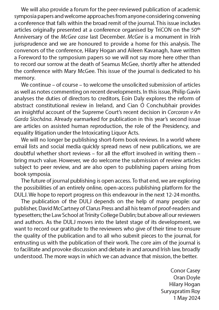 dulawjournal's tweet photo. The (2024) 44(1) issue of the Dublin University Law Journal has just been published by @ClarusPress . In this issue, the editors explain our overall approach and introduce a few innovations. 1/ https://t.co/lHWQr2PeMw