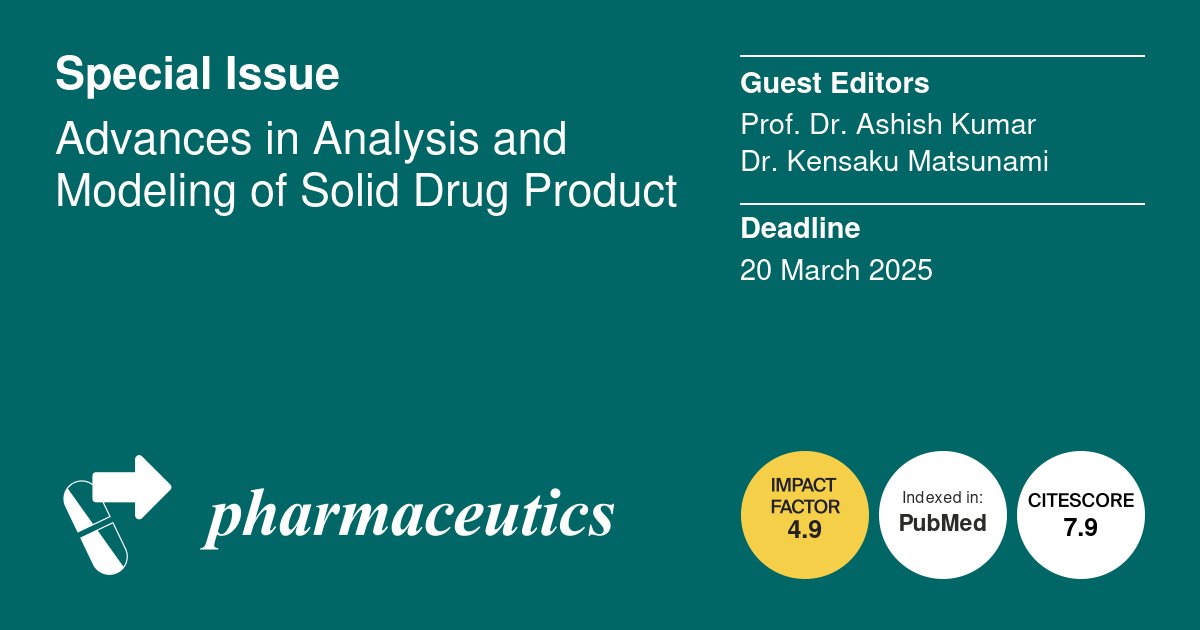 I will be a guest editor of an upcoming Pharmaceutics MDPI special issue on "Advances in Analysis and Modeling of Solid Drug Product" with Dr. Kensaku Matsunami. 

If you're interested in contributing an article to this special issue, please don't hesitate to contact us.