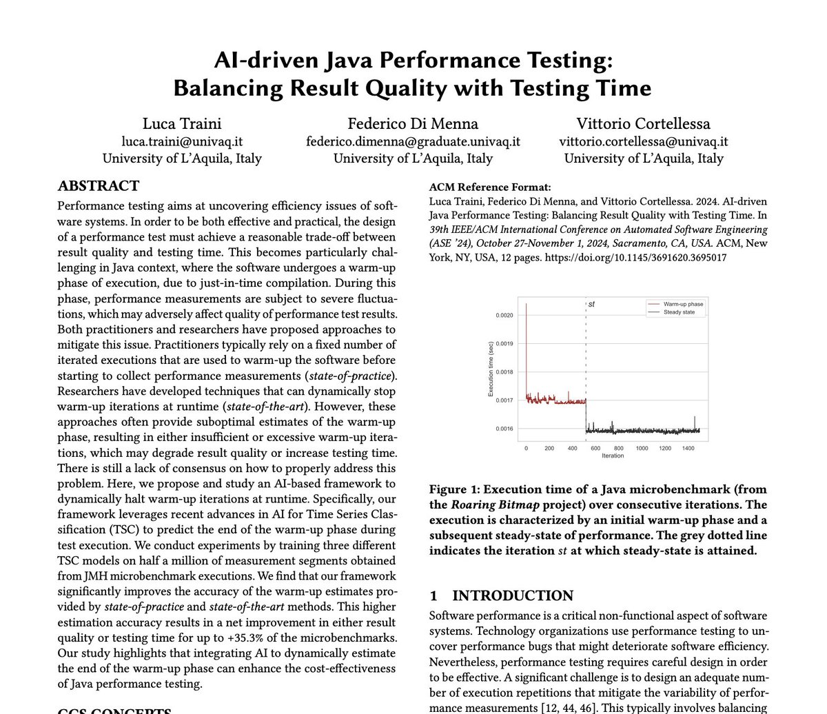 Luca Traini (@lucaaatraini) on Twitter photo Our paper “AI-driven Java Performance Testing: Balancing Result Quality with Testing Time” has been accepted at <a href="/ASE_conf/">ASE 2024</a>.
📄 preprint: arxiv.org/abs/2408.05100
📈 data & scripts: doi.org/10.5281/zenodo…
Co-authored with <a href="/federicodm19_98/">Federico Di Menna</a> and Vittorio Cortellessa.
cc <a href="/perfaq/">Spencer Lab</a> Our paper “AI-driven Java Performance Testing: Balancing Result Quality with Testing Time” has been accepted at <a href="/ASE_conf/">ASE 2024</a>.
📄 preprint: arxiv.org/abs/2408.05100
📈 data & scripts: doi.org/10.5281/zenodo…
Co-authored with <a href="/federicodm19_98/">Federico Di Menna</a> and Vittorio Cortellessa.
cc <a href="/perfaq/">Spencer Lab</a>