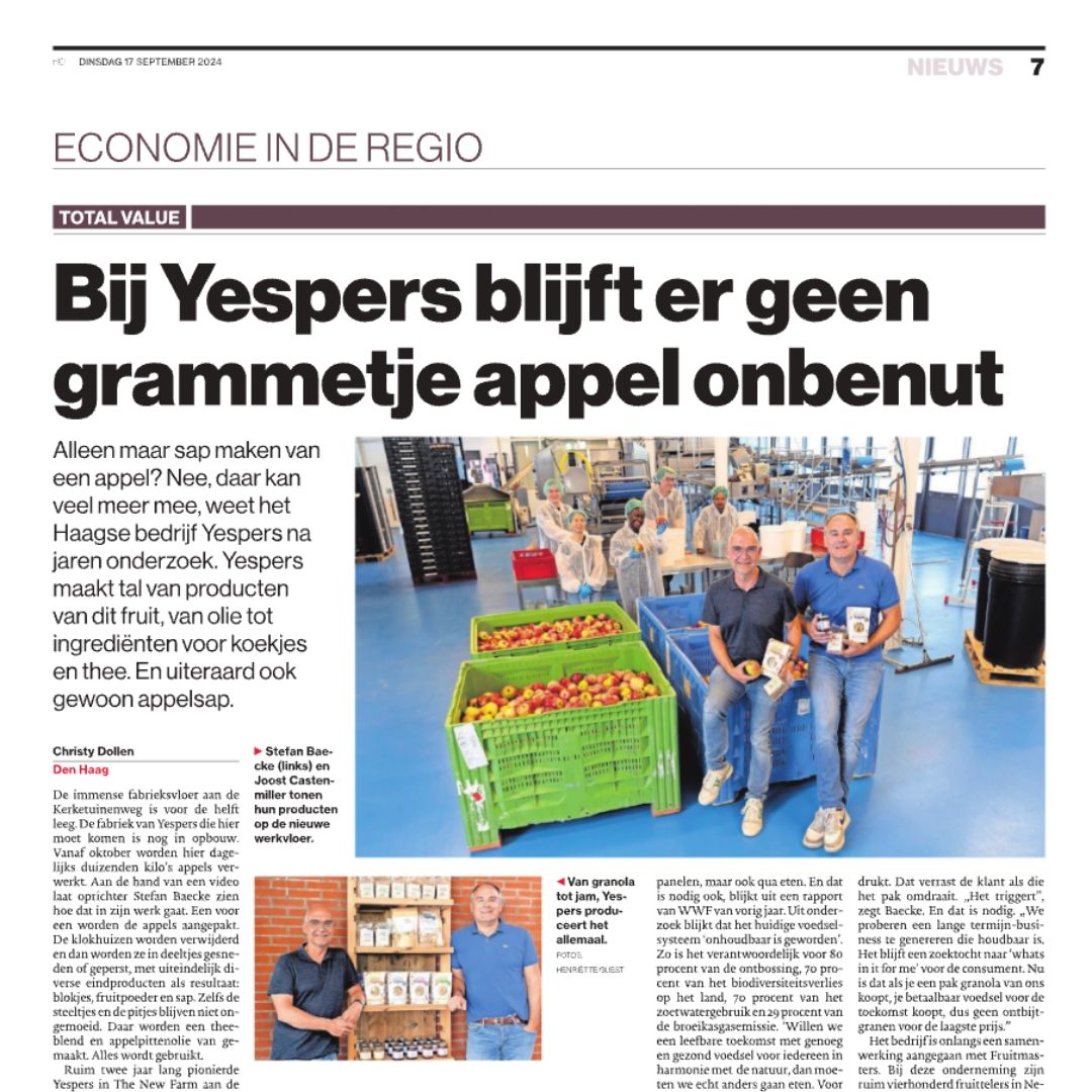 “Bij Yespers blijft er geen grammetje appel onbenut”, kopte het Algemeen Dagblad eerder deze week. Wederom mooie aandacht voor de 's werelds eerste Total Value Fabriek in #ImpactCity Den Haag! 🍎♻️

🗞️ Hier lees je het volledige artikel: ad.nl/den-haag/veran…