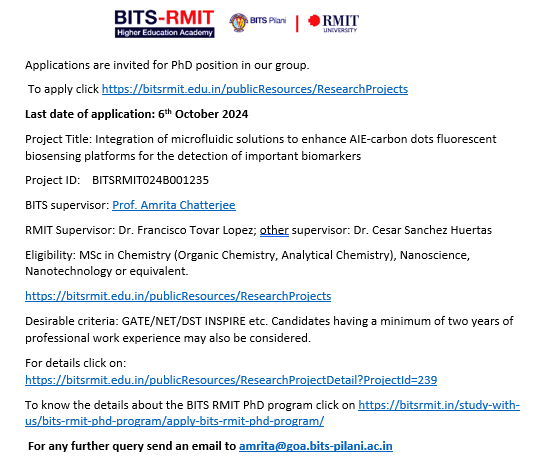 AmritaC86027745's tweet photo. Excellent Opportunity for motivated  candidates aspiring for PhD position to apply for BITS-RMIT joint PhD Program. THE POSITION IS AVAILABLE IN OUR RESEARCH GROUP (https://t.co/EjNWsJ7lOM).  For details please click 👉https://t.co/2bQNC7NlGL https://t.co/hoRlXOdYDO