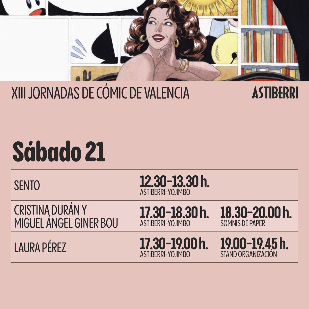 Hoy empiezan las <a href="/ComicVlc/">Jornadas Comic VLC</a> en la <a href="/LaNauuv/">UVcultura / La Nau</a> con la colaboración de <a href="/CatedraComic/">Cátedra Estudios Cómic FSM-UV</a> 
Aquí os dejamos los horarios de firmas que tendremos en el evento de la mano de <a href="/Astiberri/">Astiberri Ediciones</a>.
Os esperamos.