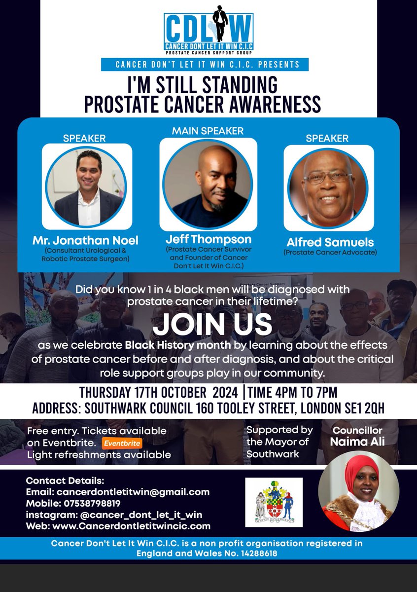 "I'm Still Standing Prostate Cancer Awareness"  1 in 4 Black men will be diagnosed with prostate cancer in their lifetime. Early detection can save your life! eventbrite.co.uk/e/im-still-sta…