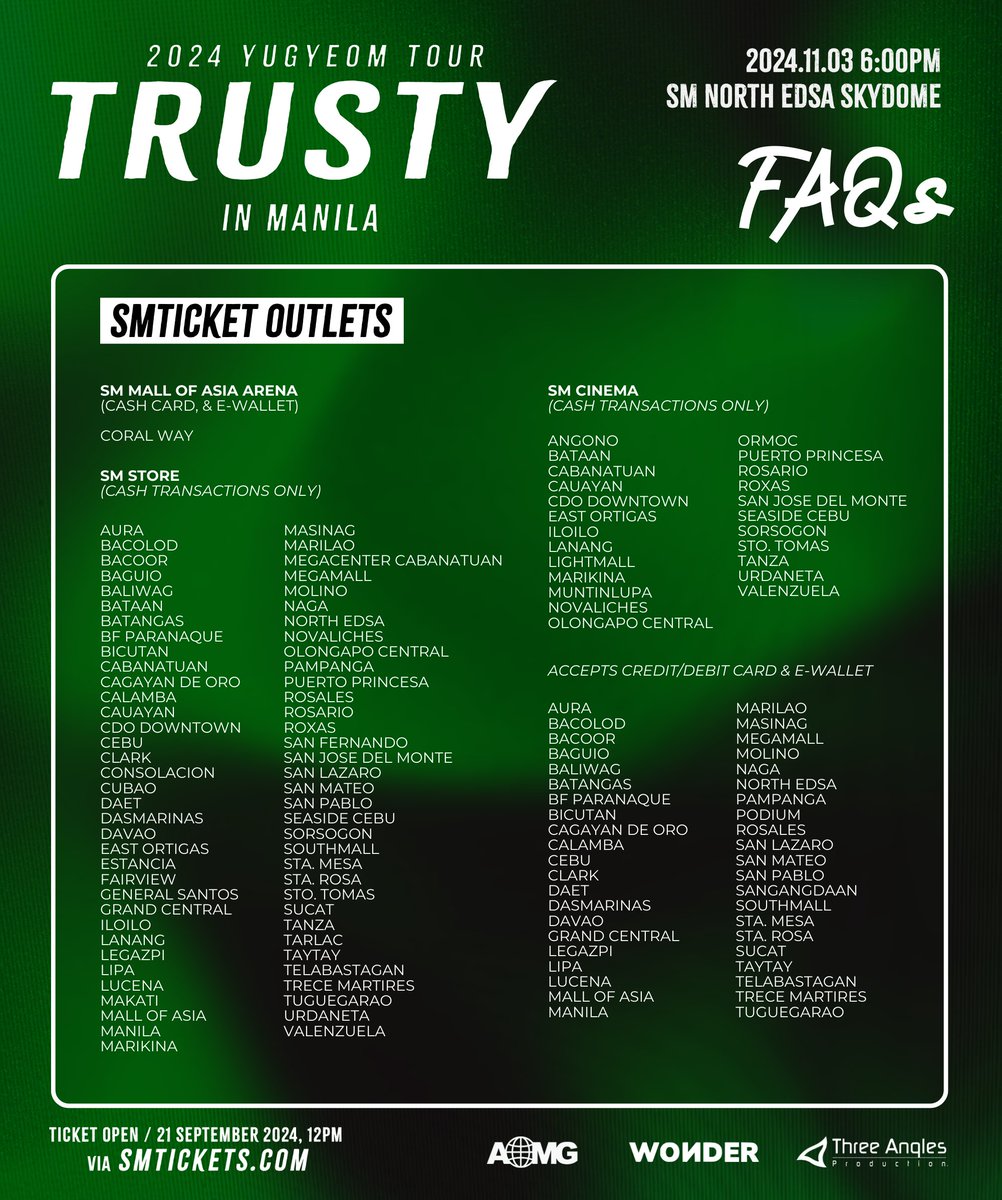 Take note of these, Filo Ahgases! We've gathered the most frequently asked questions to ensure you are ready for the 2024 YUGYEOM TOUR [TRUSTY] IN MANILA 🐥💚 Make sure to check them out! 📋

🎫 smtickets.com
🗓️ 2024.11.03 | 6:00 PM
📍 SM North EDSA Skydome

#유겸