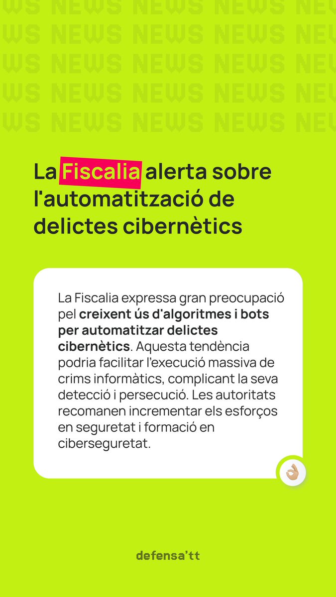 🗣️ News❗️

<a href="/DGTes/">Dir. Gral. Tráfico</a> Alerten sobre SMS falsos que sol·liciten pagament de multes en nom de la DGT

<a href="/GoogleES/">Google España</a> Nou mètode de robatori de contrasenyes a Google Chrome

La #Fiscalia alerta sobre l'automatització de delictes cibernètics

Bon cap de setmana!