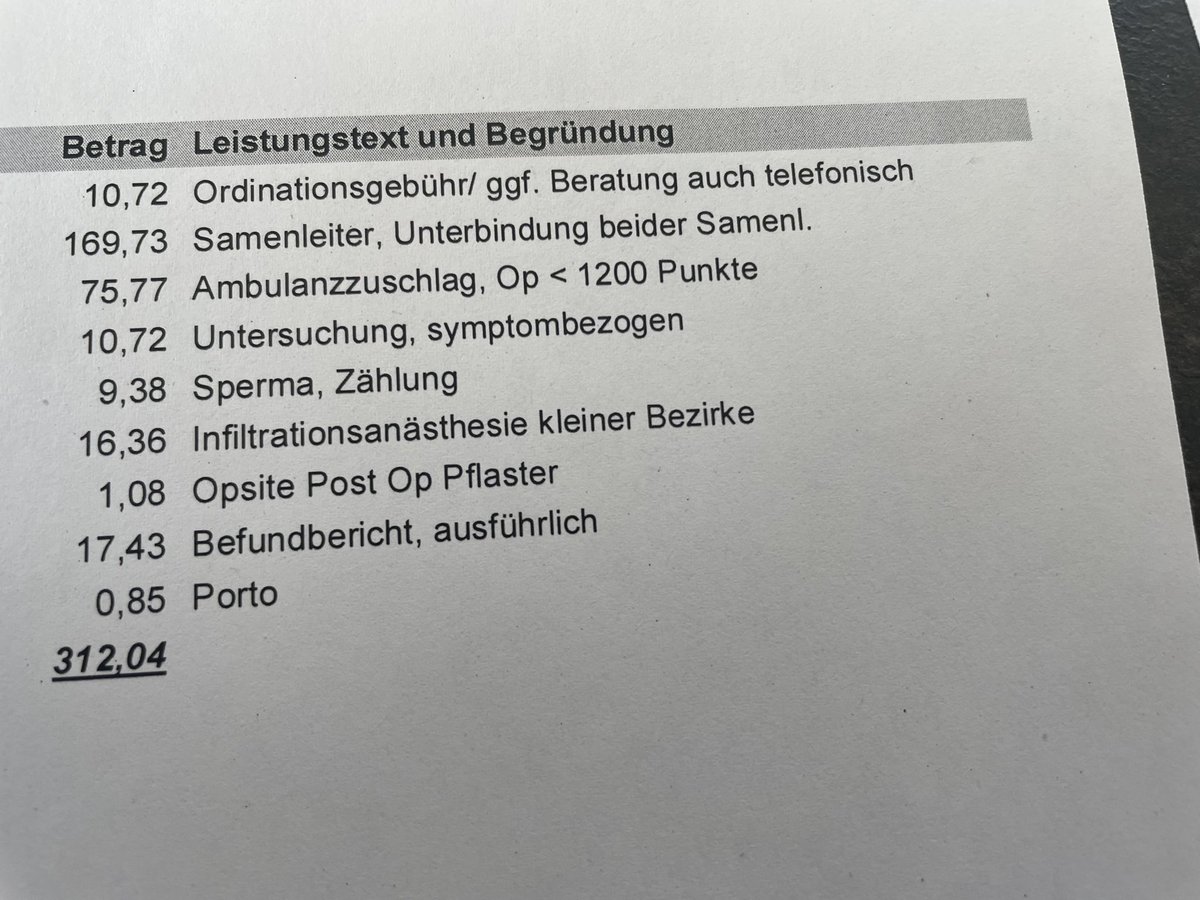 Gestern hatte ich meine #Vasektomie. Sitze grade beim Arzt und warte auf die Wundkontrolle, habe grad die Rechnung bekommen. Auch wenn da noch etwas vom OP-Zentrum und Sedierung (persönliche Gründe aufgrund Risikos, eig nicht nötig für Vasektomie) bin ich positiv überrascht.