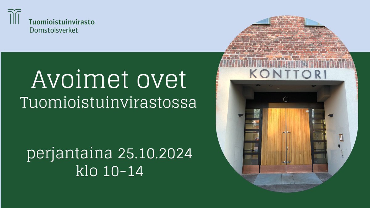 Tuomioistuinvirasto avaa ovensa perjantaina 25.10.2024 kello 10–14. Tervetuloa tutustumaan tiloihimme ja toimintaamme!👋 Saapumisohjeet löydät verkkosivuiltamme: tuomioistuinvirasto.fi/fi/index/yhtey…
#AvoimetOvet #Tuomioistuinvirasto