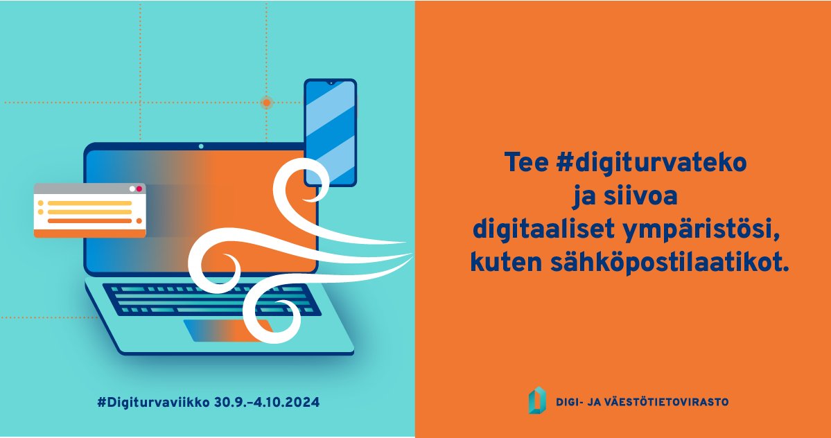 Tänään on kansainvälinen siivouspäivä! Tee #digiturvateko ja siivoa digitaaliset ympäristösi, kuten sähköpostilaatikot.

30.9. starttaava #Digiturvaviikko tarjoaa kattavasti ajankohtaisia vinkkejä digiturvan parantamiseksi! Katso ohjelma ja tule mukaan 👉 dvv.fi/digiturvaviikko