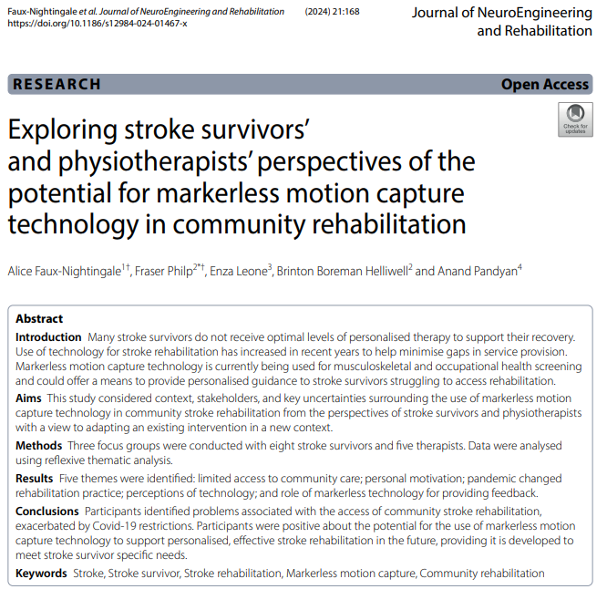 Fraser Philp (@fdphilp) on Twitter photo Innovations in tech such as #markerless can help meet unmet rehab needs for people post #stroke BUT careful consideration is needed to ensure it meets the needs of both people affected by stroke & clinicians. Read more in our <a href="/TheStrokeAssoc/">Stroke Association</a> funded study doi.org/10.1186/s12984… Innovations in tech such as #markerless can help meet unmet rehab needs for people post #stroke BUT careful consideration is needed to ensure it meets the needs of both people affected by stroke & clinicians. Read more in our <a href="/TheStrokeAssoc/">Stroke Association</a> funded study doi.org/10.1186/s12984…