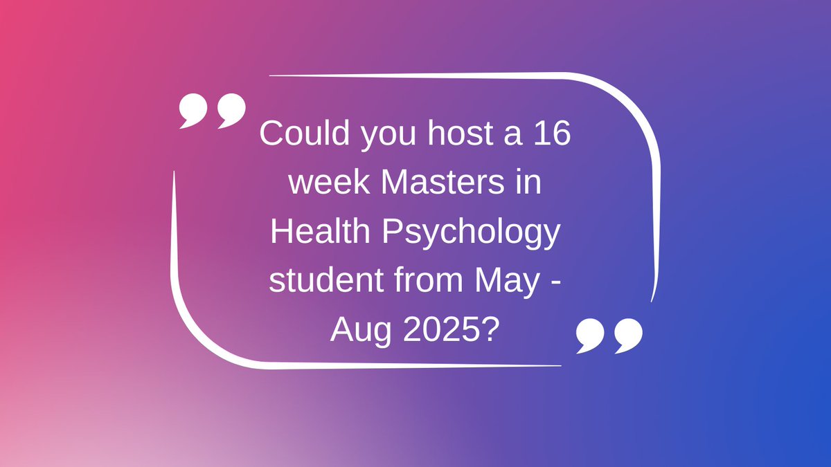 BathHealthPsych (@bathhealthpsych) on Twitter photo We're looking for new exciting placements for our students! Can you host a 16 week FT placement for a student undertaking their Masters in Health Psychology at <a href="/BathPsychology/">Psychology at Bath</a>? Placements run May-Aug. In person/remote/hybrid. If interested, email health-psy-placements@bath.ac.uk We're looking for new exciting placements for our students! Can you host a 16 week FT placement for a student undertaking their Masters in Health Psychology at <a href="/BathPsychology/">Psychology at Bath</a>? Placements run May-Aug. In person/remote/hybrid. If interested, email health-psy-placements@bath.ac.uk
