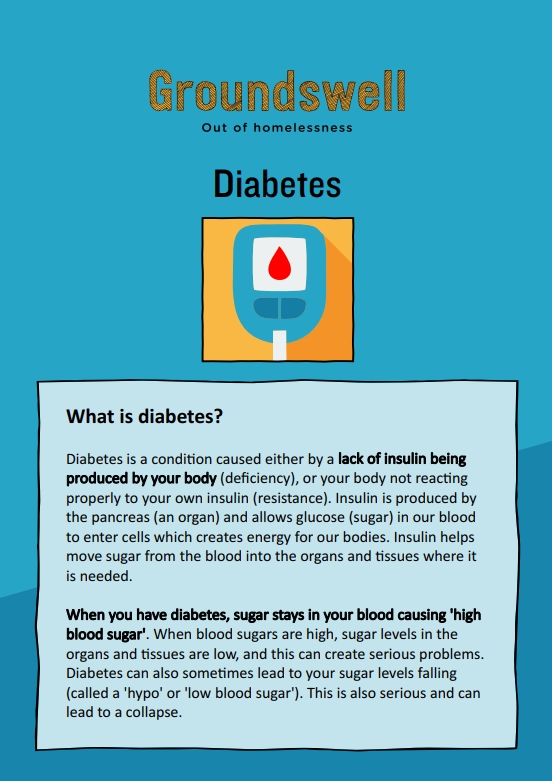 🧵Managing #diabetes can be a major challenge for people experiencing #homelessness. See these handy new leaflets from @ItsGroundswell, providing key information and advice for patients, part of our <a href="/BurdettTrust/">Burdett Trust 💙</a> funded project 👉 bit.ly/3XCACo3 bit.ly/3XE3yMs