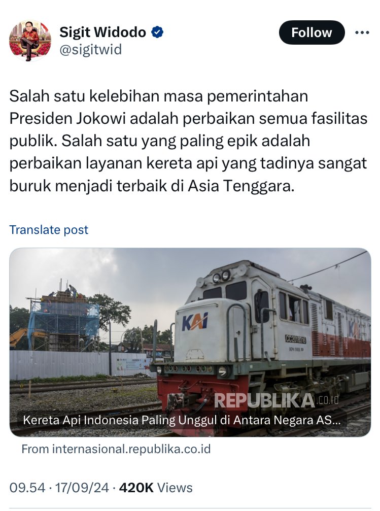 shintaeffendi's tweet photo. Contoh politik busuk: narasi dengungan yg seenaknya.
Perbaikan layanan KAI itu dijaman pak jonan (dirut KAI 2009-2014), jaman SBY BUKAN #mulyono .
Kalau peningkatan JUMLAH jaringan kereta api memang ada di daftar PSN era mulyono.
Whoosh ditolak pak jonan, berujung direshuffle. 🙂 https://t.co/6e8k1szsxX