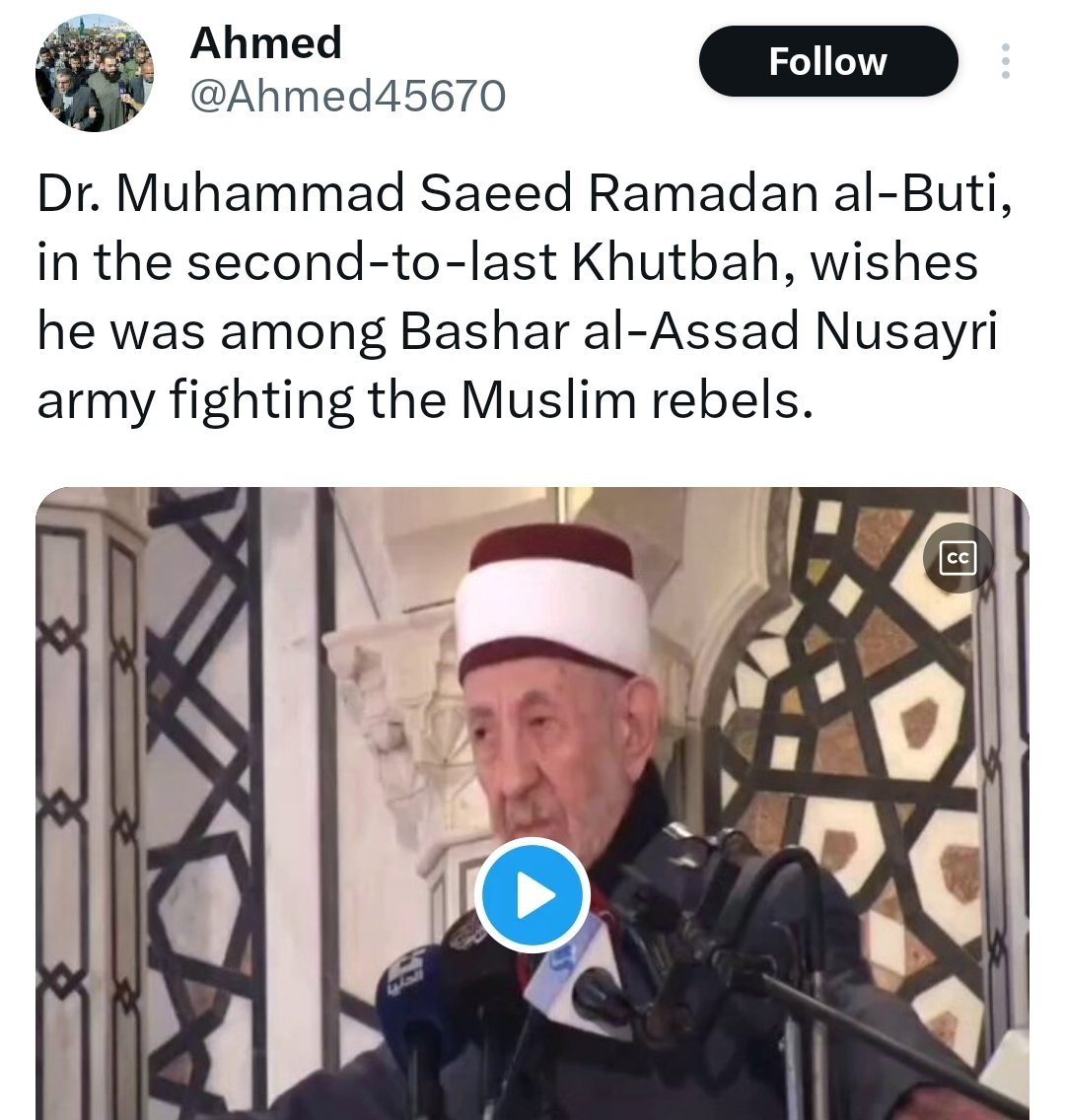 LoverOfAwliya's tweet photo. In reality his words have nothing to do with fighting with Assad's gang nor fighting the rebels

The Shaykh himself respected the rebels' ijtihaad and prohibited spilling their blood!
https://t.co/gqZGCgskcg https://t.co/XSDXO0B3us