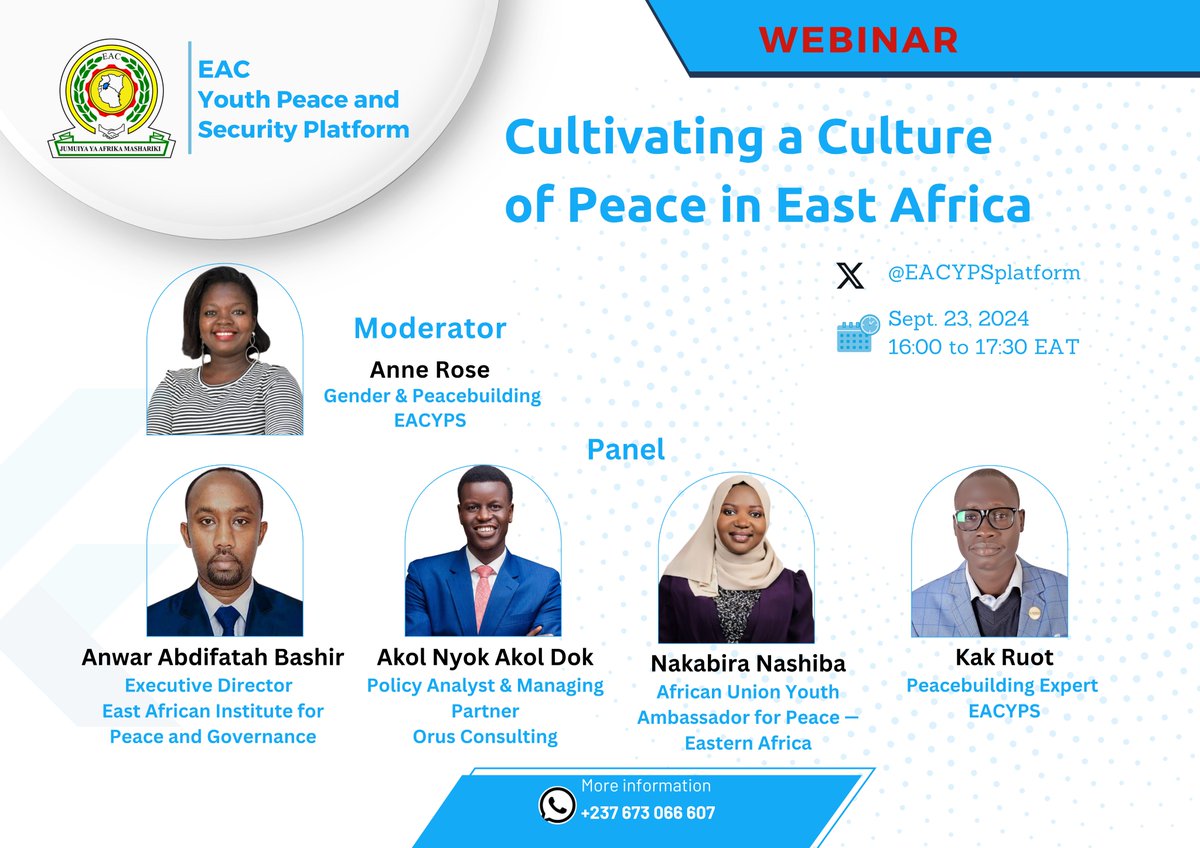 Powerful discussion! Expert panelists!. Join us for a crucial discussion on 'Cultivating a Culture of Peace in East Africa' webinar. On <a href="/EACYPSplatform/">EAC Youth Peace and Security Platform</a> X space at 4-5:30 pm EAT.<a href="/jumuiya/">East African Community</a> <a href="/AU_AYAPs/">African Union Youth Ambassadors for Peace</a> <a href="/IGADsecretariat/">IGAD Secretariat</a> <a href="/EAInstitute_/">East African Institute for Peace and Governance</a> <a href="/Anwaryare1000/">Anwar Abdifatah Bashir</a> <a href="/AkolNDok/">Akol Dok</a>