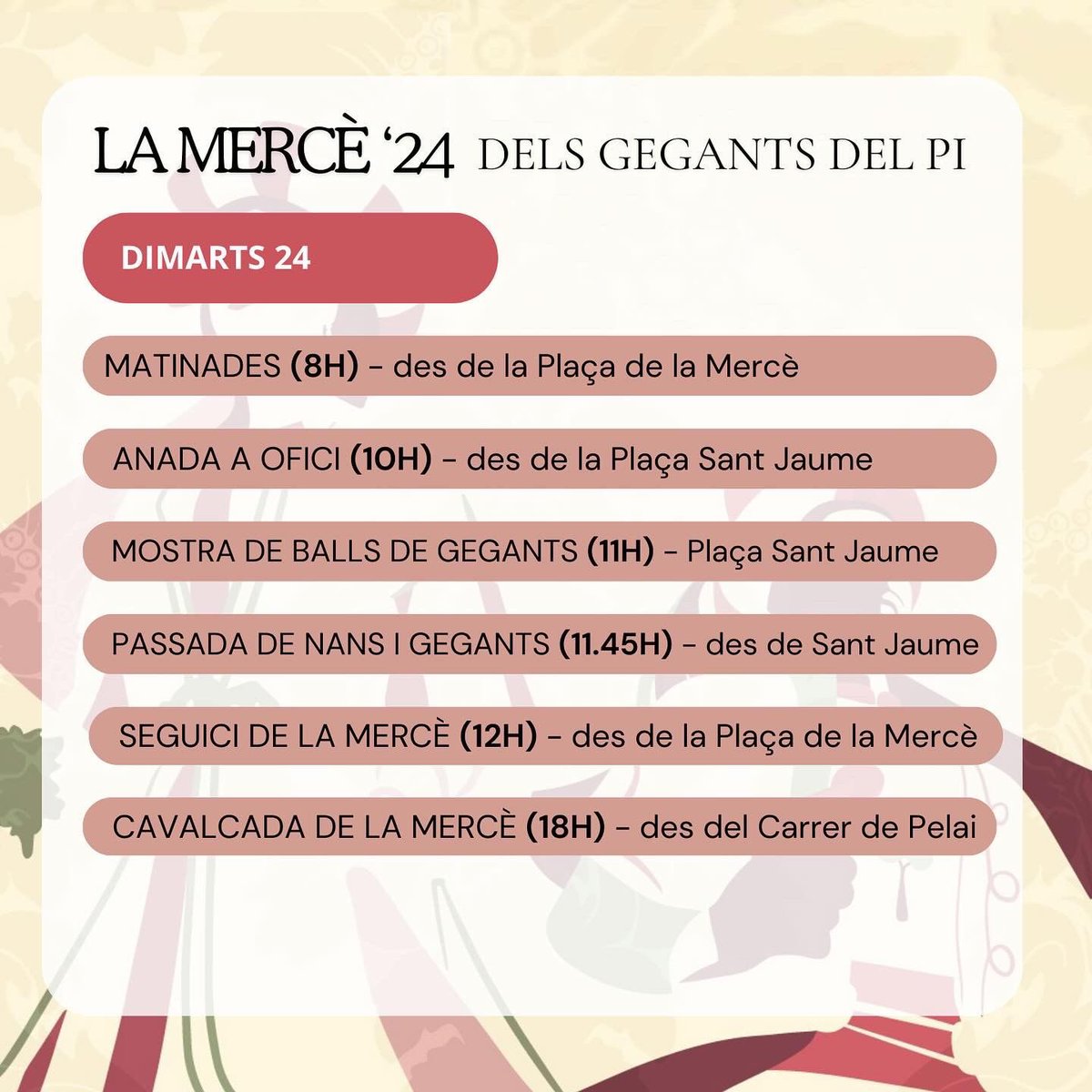 Avui 𝐜𝐨𝐦𝐞𝐧ç𝐚 #𝐋𝐚𝐌𝐞𝐫𝐜è 𝟐𝟎𝟐4!🎉 𝐀𝐪𝐮𝐞𝐬𝐭𝐬 𝐬ó𝐧 𝐞𝐥𝐬 𝐚𝐜𝐭𝐞𝐬 𝐨𝐧 𝐩𝐨𝐝𝐫𝐞𝐮 𝐯𝐞𝐮𝐫𝐞 𝐞𝐥𝐬 #𝐆𝐞𝐠𝐚𝐧𝐭𝐬 𝐝𝐞𝐥 𝐏𝐢, el #Lleó i la #Mulassa de Barcelona!