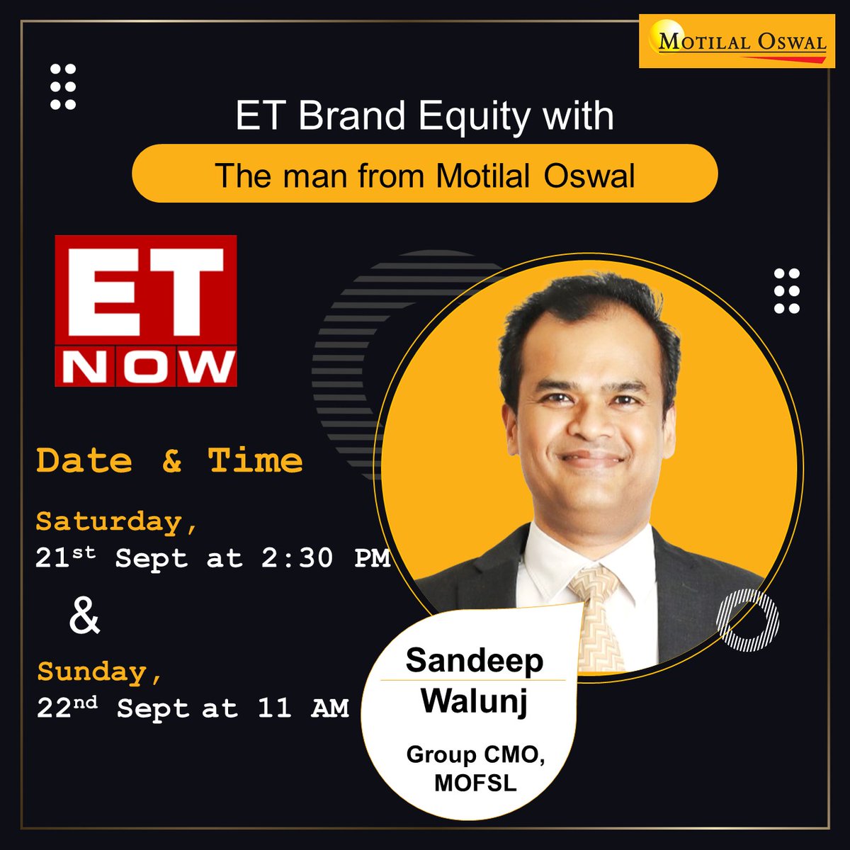 Motilal Oswal Financial Services Ltd (@motilaloswalltd) on Twitter photo From concept to impact: The journey of "The Man From Motilal Oswal." Watch <a href="/WalunjSan/">Sandeep Walunj</a>, Group CMO, on <a href="/ETBrandEquity/">ET Brand Equity</a>,<a href="/ETNOWlive/">ET NOW</a>, today at 2:30 PM and tomorrow, Sunday at 11 AM
#MotilalOswal #ETBrandEquity #TheManFromMotilalOswal From concept to impact: The journey of "The Man From Motilal Oswal." Watch <a href="/WalunjSan/">Sandeep Walunj</a>, Group CMO, on <a href="/ETBrandEquity/">ET Brand Equity</a>,<a href="/ETNOWlive/">ET NOW</a>, today at 2:30 PM and tomorrow, Sunday at 11 AM
#MotilalOswal #ETBrandEquity #TheManFromMotilalOswal
