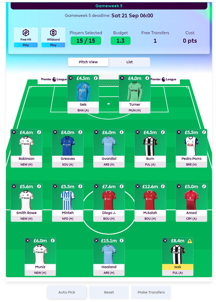 Lawgs's tweet photo. @FPL__Raptor Hey -- first year actually paying attention to FPL... I am considering pulling a wildcard this week... Would love some feedback, if you have time/thoughts.  Current Squad and planned WC attached. New YT Sub and loving the content! Cheers! https://t.co/4fteoQ1DSf