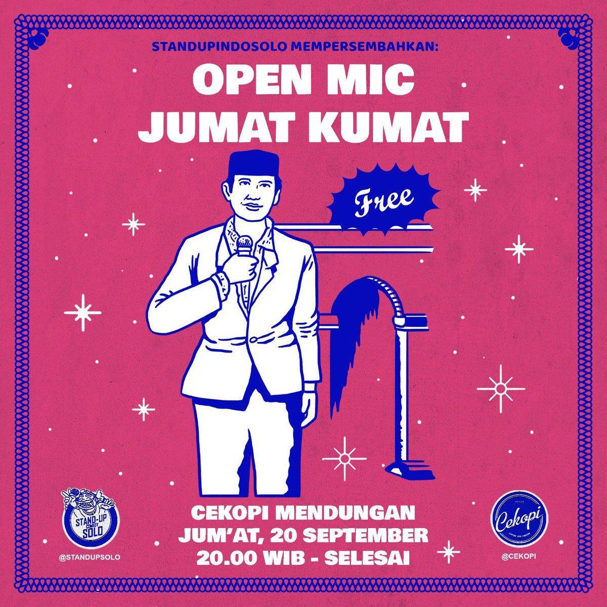 𝐈𝐧𝐟𝐨𝐧𝐞 𝐛𝐨𝐥𝐨𝐨𝐨~

Siap memberi hiburan ringan bagi kamu yang sedang lelah dengan hiruk pikuk kehidupan. Hanya di <a href="/CeKopi/">Cekopi</a> pukul 20.00 WIB

Acaranya gratis tapi jangan lupa jajan. Nek pengen cobo openmic langsung DM wae yak! 🤝