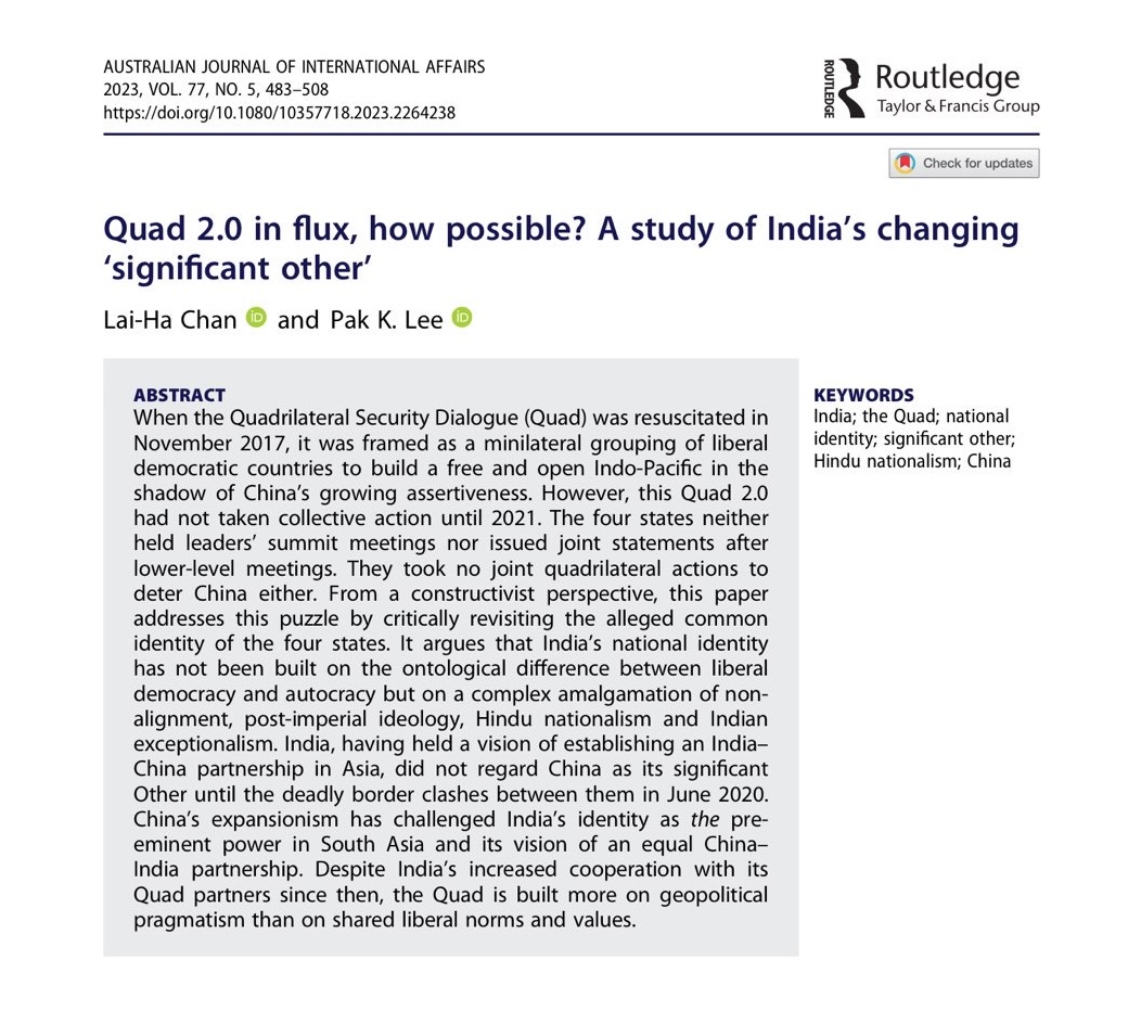 And, finally, congratulations to Lai-Ha Chan and Pak K. Lee for their paper "Quad 2.0 in flux, how possible? A study of India’s changing ‘significant other’". ⬇️# #freeaccess /5 tandfonline.com/doi/full/10.10…