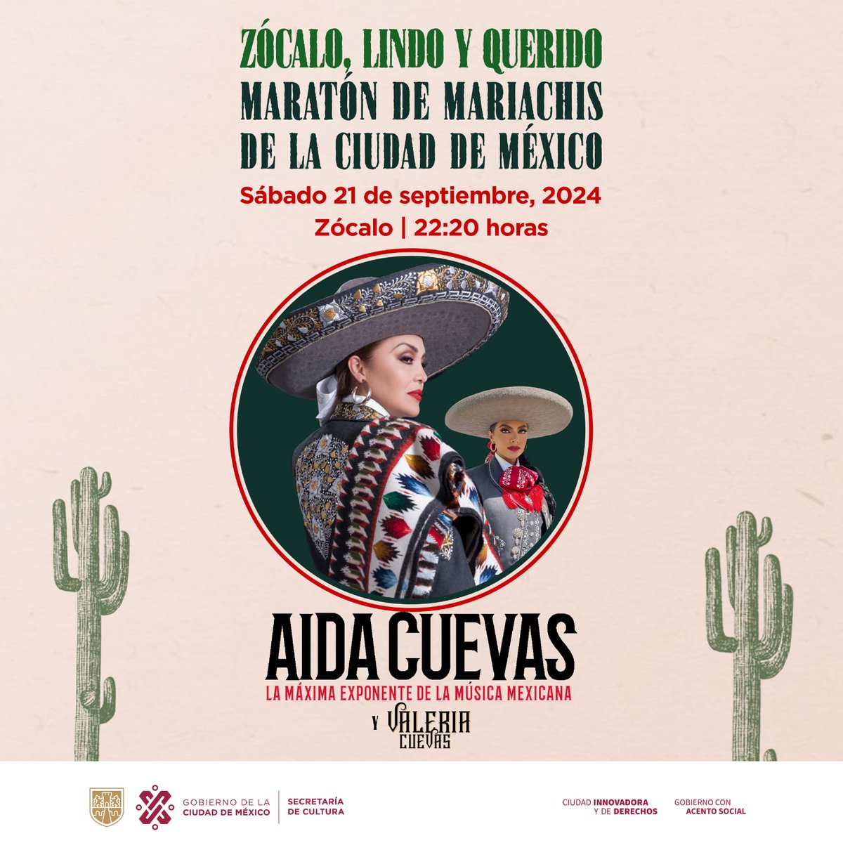 CulturaCiudadMx's tweet photo. Aida Cuevas, "La Reina del Mariachi", es una leyenda viva dentro de este género. Con más de 48 años de carrera, la también llamada "Reina de la Música Ranchera", es la artista que corona el festival "Zócalo, Lindo y Querido. Maratón de Mariachis de la Ciudad de México". La acompaña su hija, la talentosa Valeria Cuevas.

Acompáñanos de las 14 a las 24 horas este sábado 21 de septiembre en la máxima plaza pública del país. 

Consulta todos los detalles en la #CarteleraCdMx: https://t.co/VftB6ZaE7F

@GobCDMX 
@AidaCuevas