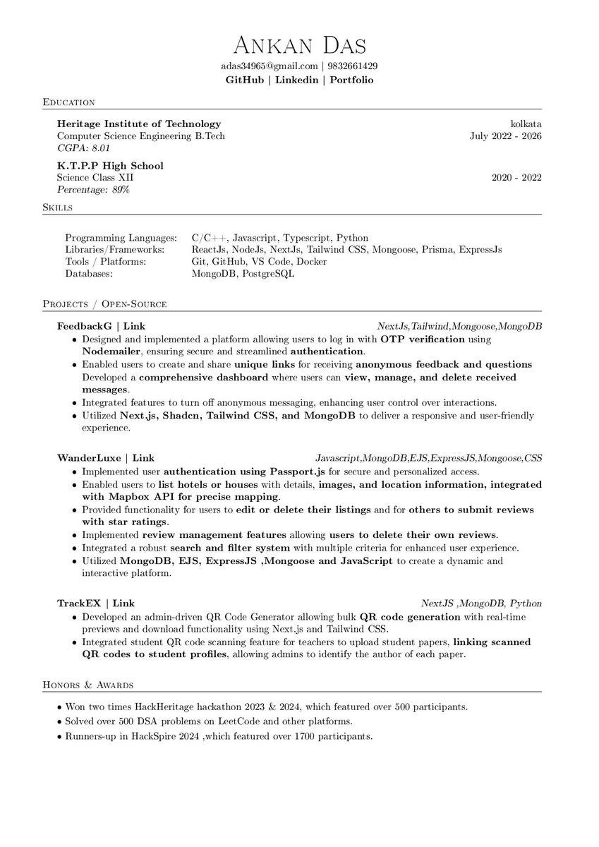 ankan__20's tweet photo. 🚀 Hey @X fam! 🚀
I've been working on polishing my resume and would love to get your feedback! 💼✨
If you have any suggestions, advice, or thoughts, I’d really appreciate it. 🙏

Link : https://t.co/ydu9lDOSm1…
@kirat_tw @Hiteshdotcom
#ResumeHelp #Feedback https://t.co/cZuMxel3tB