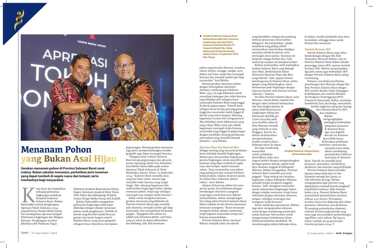 AnnoOrwels's tweet photo. Kerja keras dan kepedulian terhadap pelestarian lingkungan membuat Pj Gub. Sulbar  Bahtiar Baharuddin meraih penghargaan Apresiasi Tokoh Indonesia 2024 yang diinisiasi Tempo
@prabowo @NajwaShihab @walhinasional @jokowi @GreenpeaceID @BNPB_Indonesia
King Indo 
Asnawi https://t.co/YrXH8qcUV7