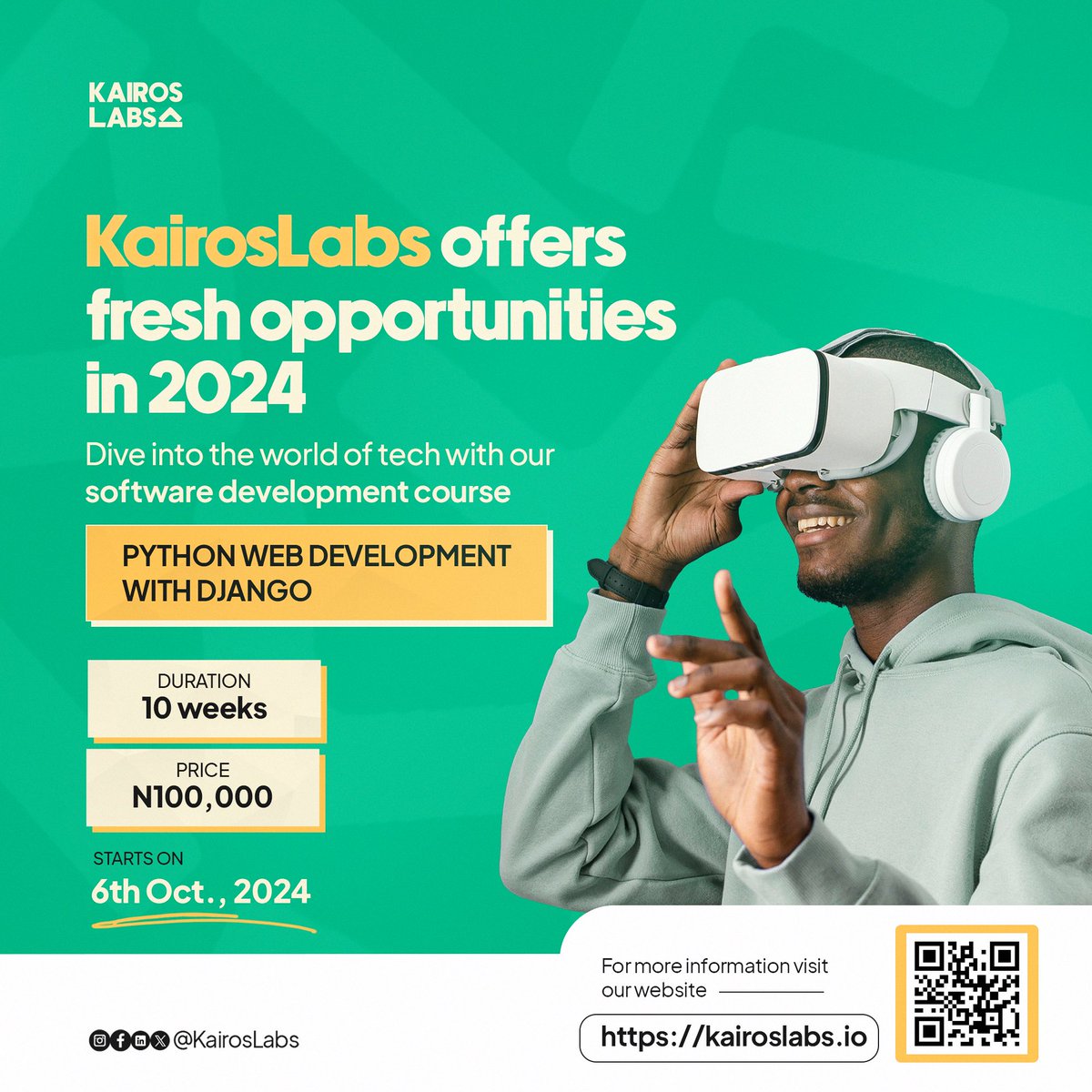 Kairoslabs_io's tweet image. 2024 is almost over, but there’s still time to achieve your tech goals! 🚀
Our Python Web Development course with Django kicks off on Oct. 6th.
Don’t snooze, let’s help you finish the year strong!
#KairosLabs #TechOpportunities #PythonWebDevelopment #Python #Django #WebDev