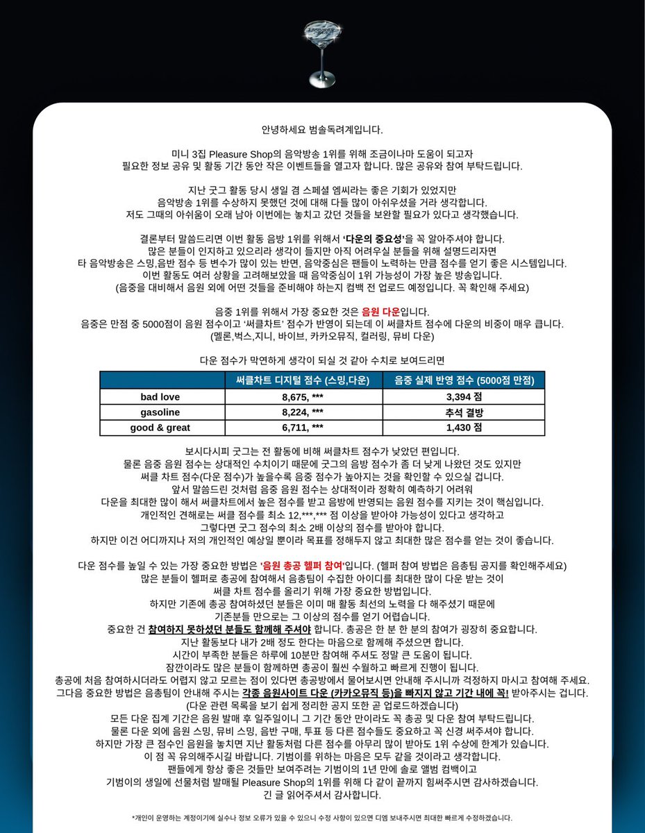 안녕하세요 범솔독려계입니다
다음 주면 드디어 Pleasure Shop 활동이 시작됩니다
컴백과 앙콘 준비로 더 치열했을 기범이에게 이번 활동 1위를 선물하고 싶은 마음 다들 같을 거라고 생각합니다
1위를 위해 조금이나마 도움이 되고자 꼭 알아주셨으면 하는 내용을 업로드하게 되었습니다
잘 알고 계실