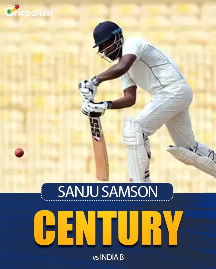Cricadium's tweet photo. HUNDRED FOR SANJU SAMSON...!!!! 🎉 He’s done it in style, smashing his 11th First Class century in just 94 balls during the Duleep Trophy! What an incredible performance! 🚀

#SANJUSAMSON #DuleepTrophy #IndiaC https://t.co/arDyKME7PO