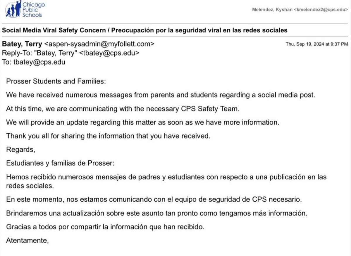 Letter to Prosser Career Academy High School families about a social media post (threat?)  from 9:30 this evening (9/19/24)