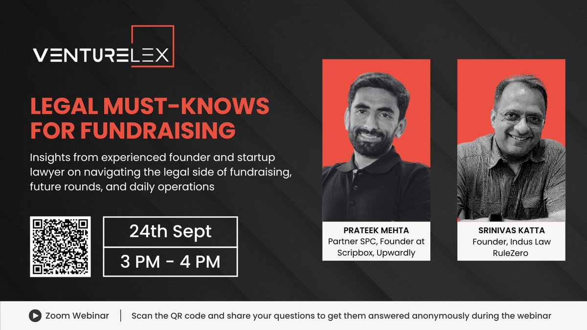 * Get actionable insights on the legal aspects of fundraising
* Learn key strategies for attracting the right investors and avoiding costly legal mistakes
* Take control of your negotiations and secure favorable deals

w/ <a href="/SriniKatta1972/">Srinivas Katta</a>, <a href="/prateekmehta42/">Prateek Mehta</a> 

venturelex.ai/legal-mustknows