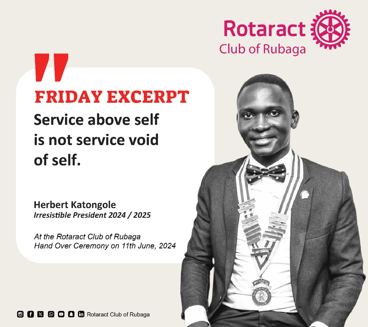 RotaractRubaga's tweet photo. π EXCERPT FRIDAY π
In today's first episode, we reminisce about President HERBERT KATONGOLE insights at the Handover ceremony of Rotaract Club of Rubaga on Tuesday,11th June 2024.
#PRTeam
#TheElites
#FridayExcerpt
#TheRubagaWay
Rotaract Club of Rubaga https://t.co/F8mZCHA05H