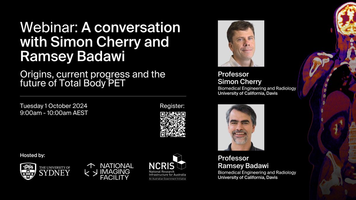 Australian National Imaging Facility (@nifaus) on Twitter photo #Webinar: A conversation with <a href="/SimonRCherry/">Simon Cherry</a> and <a href="/rdbadawi/">Ramsey Badawi</a>: Origins, current progress and the future of Total Body PET
Tuesday 1 October 2024
9:00am - 10:00am AEST
Hosted by <a href="/Sydney_CRF/">USyd Core Research Facilities</a> and <a href="/NIFAus/">Australian National Imaging Facility</a>
More information and register: anif.org.au/event/australi…
#NCRISImpact #Webinar: A conversation with <a href="/SimonRCherry/">Simon Cherry</a> and <a href="/rdbadawi/">Ramsey Badawi</a>: Origins, current progress and the future of Total Body PET
Tuesday 1 October 2024
9:00am - 10:00am AEST
Hosted by <a href="/Sydney_CRF/">USyd Core Research Facilities</a> and <a href="/NIFAus/">Australian National Imaging Facility</a>
More information and register: anif.org.au/event/australi…
#NCRISImpact