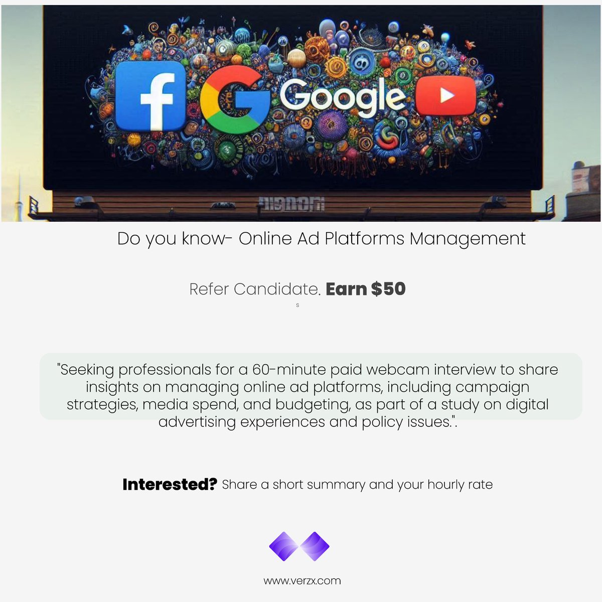 verzxgroup's tweet image. #VerzXDiscussions Calling small business advertisers! Share your digital ad management insights in our 60-min study. From strategy to budgeting, your experience matters. Shape the future of online advertising! Incentives available. #DigitalMarketing #SmallBizAds #OnlineAds