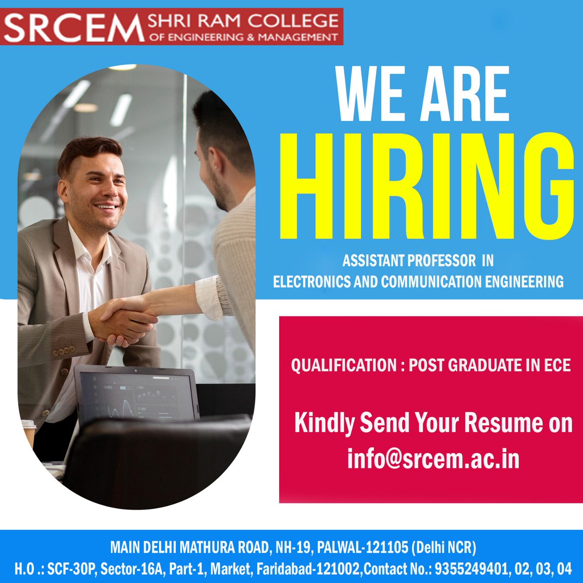srcemcollege's tweet photo. 🚀 We’re hiring! Join us as an Assistant Professor in Electronics and Communication Engineering. If you're passionate about teaching, research, and innovation, this could be your opportunity to inspire the next generation!
.
#ShriRamCollegeOfEngineeringAndManagement
#srcempalwal https://t.co/SFjl1pcS4f
