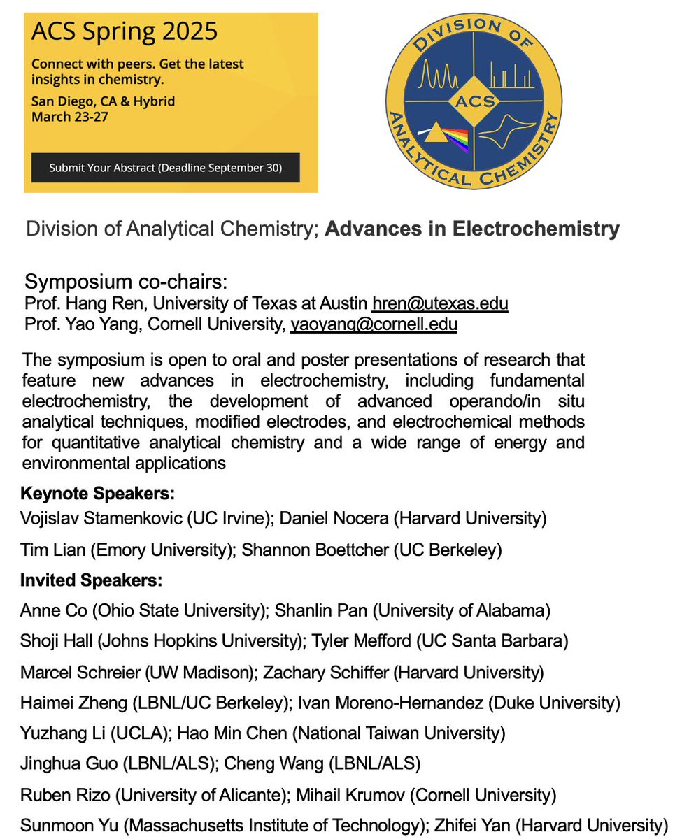 Yao Yang (@yaoyang639) on Twitter photo Prof. <a href="/HangRen_/">Hang Ren</a> and I hope you can join us in the symposium on Advances in Electrochemistry at ACS Spring 2025 in San Diego (warm winter and beautiful beach). You can submit your abstract by Sept. 30. callforabstracts.acs.org/acsspring2025/… Prof. <a href="/HangRen_/">Hang Ren</a> and I hope you can join us in the symposium on Advances in Electrochemistry at ACS Spring 2025 in San Diego (warm winter and beautiful beach). You can submit your abstract by Sept. 30. callforabstracts.acs.org/acsspring2025/…