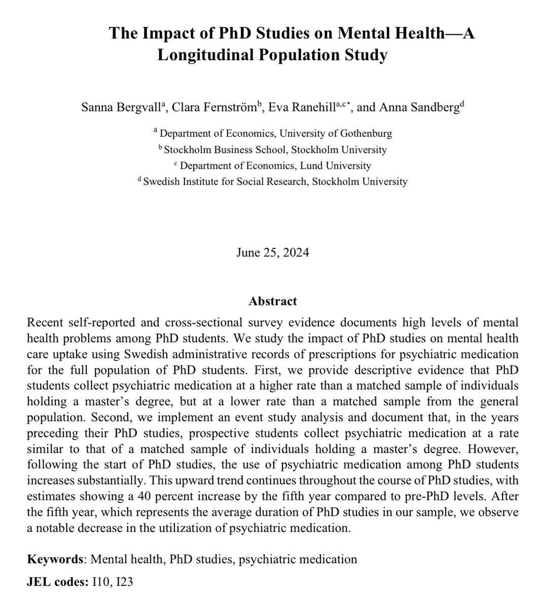 ⚠️ Realizar un doctorado afecta negativamente a la salud mental. 

Evidencias para Suecia muestran cómo aumenta hasta un 40% el uso de medicamentos psiquiátricos durante el doctorado, reduciéndose tras su finalización.

lucris.lub.lu.se/ws/portalfiles…